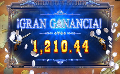 Momento del juego en Showdown Saloon al obtener una alta ganancia, con la cifra de 1.210,44