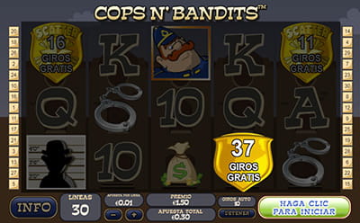 Activación de los giros gratis en la slot Cops N´ Bandits y las tres placas policíacas con el número de tiradas asignadas