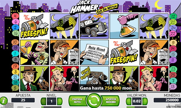 Menú principal de The Jack Hammer con el panel de juego y los diferentes tambores y filas representados