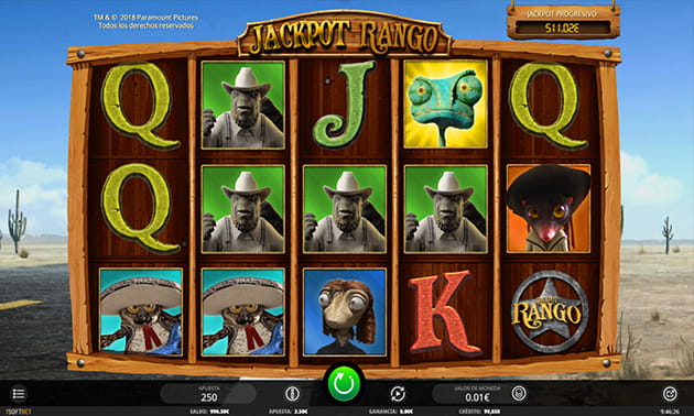 La pantalla de inicio de la slot Jackpot Rango, los 5 tambores con unos de los símbolos con mayores ganancias