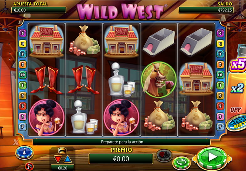 Pantalla de la slot Wild West mostrando los cinco tambores