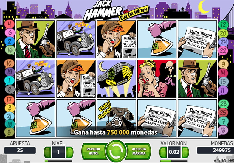Panel del juego principal de Jack Hammer, con sus tambores y carretes y en la parte inferior los controles del juego