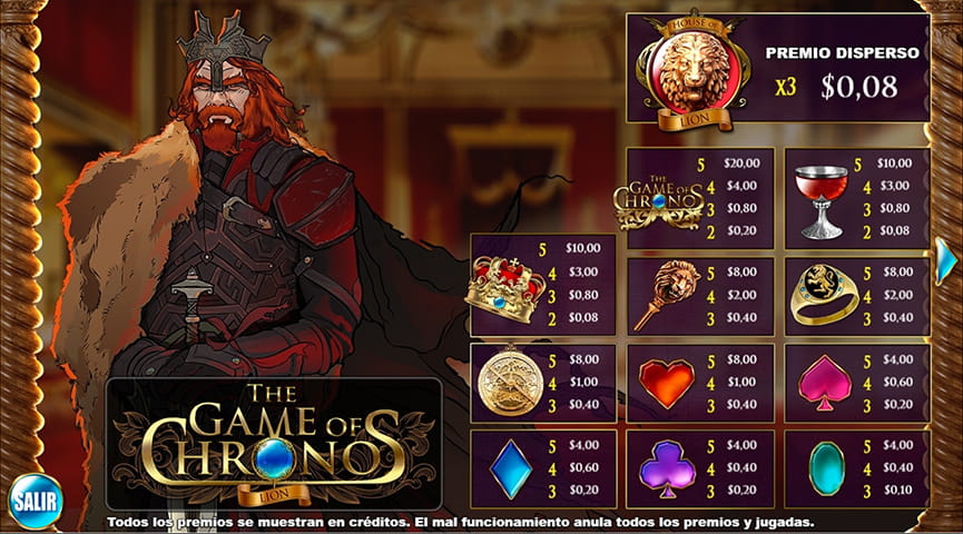 Captura de pantalla de The Game of Chronos Lion con la tabla de pagos del juego