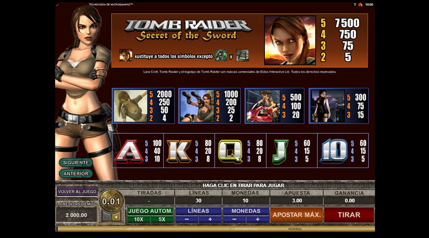 Tabla con los pagos de los símbolos en la slot Tomb Raider Secret of the Sword