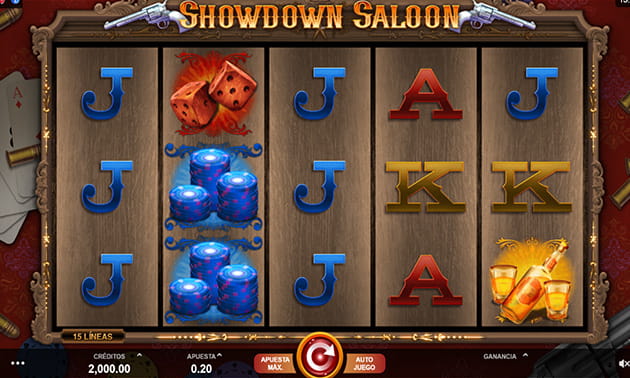 Menú principal de Showdown Saloon con el panel de juego y sus 5 tambores y 3 filas representados
