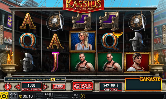 El panel inicial de la slot Kassius Invictus Armis de 5 tambores y 3 filas