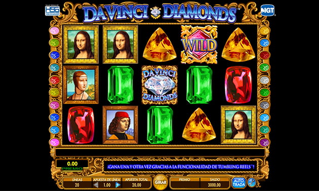La pantalla de la tragaperras Da Vinci Diamonds con sus cinco rodillos