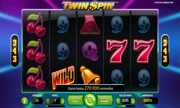 Menú principal de Twin Spin con el panel de juego y los diferentes tambores y filas representados