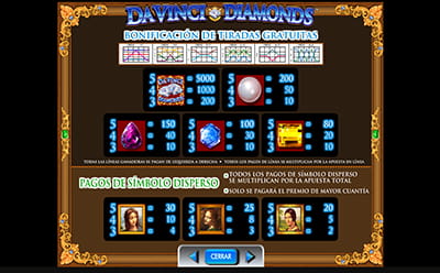 Pagos de los símbolos en la ronda de bonificación de la slot Da Vinci Diamonds