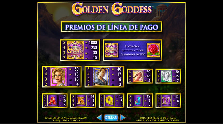 Los símbolos en la tragaperras Golden Goddess con sus pagos