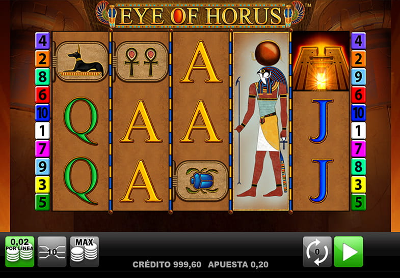 Captura de la slot Eye of Horus mostrando algunos símbolos de pago junto con el símbolo wild Horus expandido en tres filas