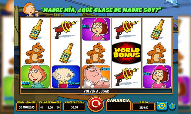 Menú principal de Family Guy con el panel de juego y los diferentes tambores y filas representados
