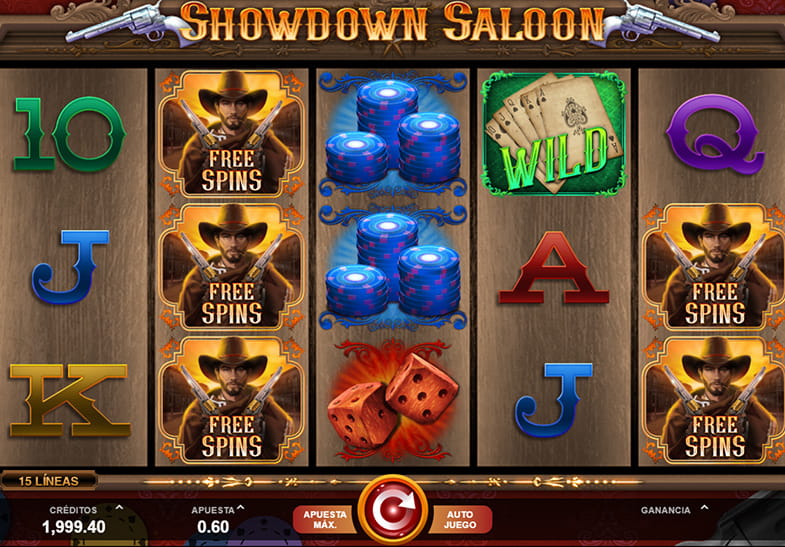 Panel del juego principal de Showdown Saloon con sus 5 tambores y sus 3 filas