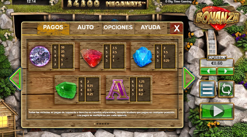 Tabla de símbolos de mayor pago en la slot Bonanza: diamante, rubí, zafiro, esmeralda y letra A.