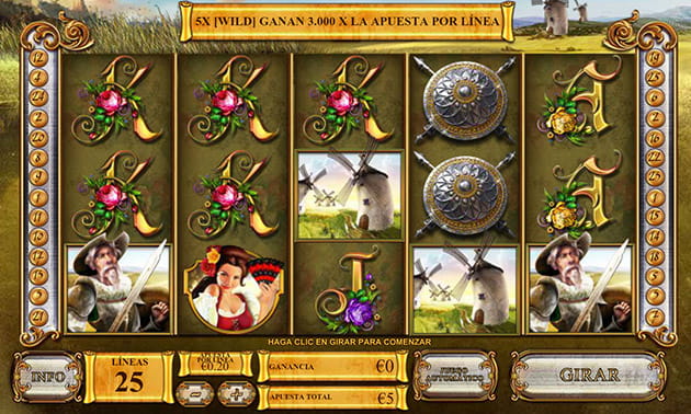 Menú principal de The Riches of Don Quixote con el panel de juego y los diferentes tambores y filas representados