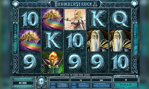 El panel de inicio de la slot Tunderstruck II, mostrando los protagonistas entre otros símbolos del juego