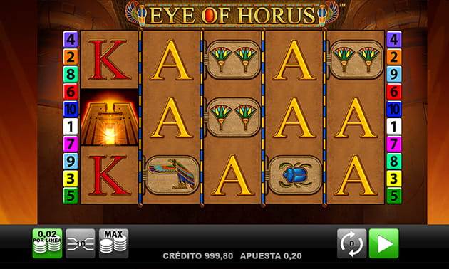 La slot Eye of Horus y los símbolos de pago el escarabajo, el halcón, el abanico egipcio, el scatter entre otros.