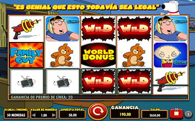 Panel de control del juego en el que aparecen cuatro comodines especiales wild y un comodín family guy. La ganancia es de 190€