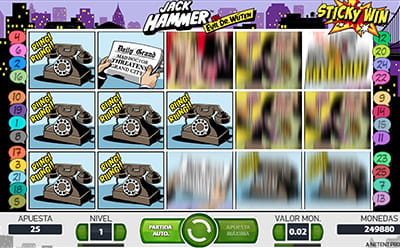 Panel de control del juego en el que aparecen activados los sticky win, representados por 6 teléfonos fijos en el panel