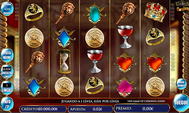 Menú principal de The Game of Chronos Lion con el panel de juego y los diferentes tambores y filas representados.