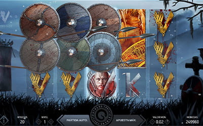 Panel de juego de Vikings en el que figura la función especial de shield wall representada por escudos