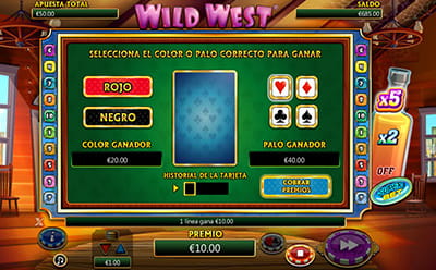 Función en la slot Wild West con opción de apostar la ganancia acertando el color de una carta de juego que está boca abajo